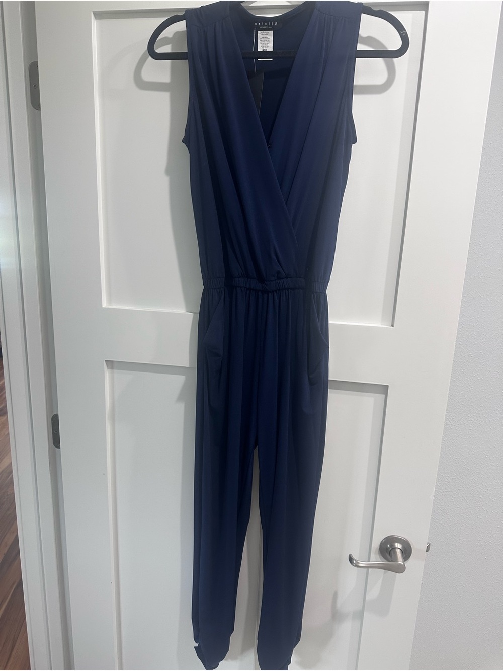 Ariella Navy Sleeveless Wrap-Front Jumpsuit